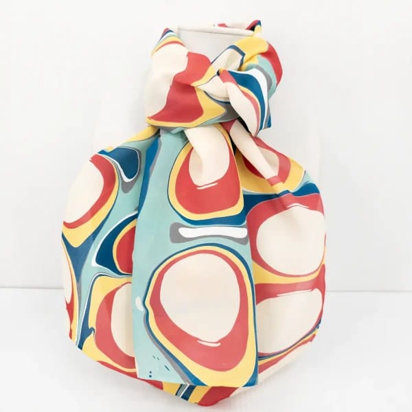 Soft Asylum marbled silk scarf Mod pattern in mint, red and yellow