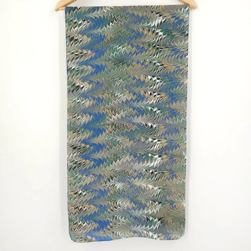 Hand-Marbled Silk Scarf Galen Berry Pattern in Blue, Beige, and White - Image 8