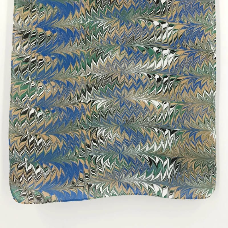 Hand-Marbled Silk Scarf Galen Berry Pattern in Blue, Beige, and White - Image 6