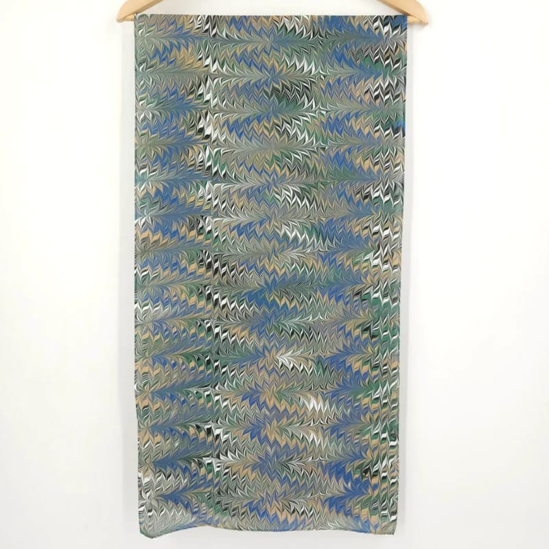 Hand-Marbled Silk Scarf Galen Berry Pattern in Blue, Beige, and White - Image 2