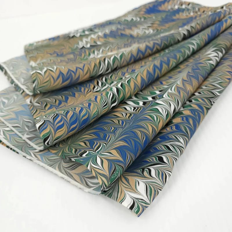 Hand-Marbled Silk Scarf Galen Berry Pattern in Blue, Beige, and White - Image 3