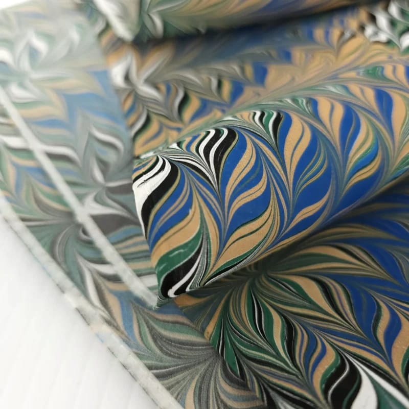 Hand-Marbled Silk Scarf Galen Berry Pattern in Blue, Beige, and White - Image 4