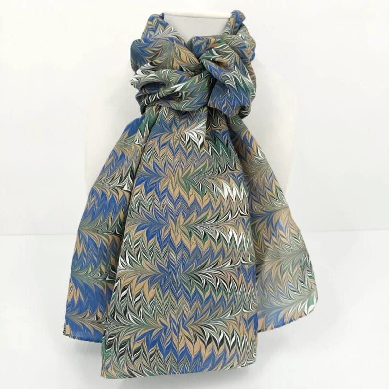 Hand-Marbled Silk Scarf Galen Berry Pattern in Blue, Beige, and White