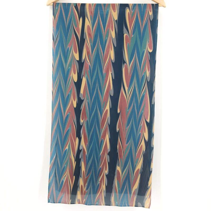 Hand Marbled Silk Scarf Getgil Pattern in Midnight Blue, Black, and Browns - Image 2