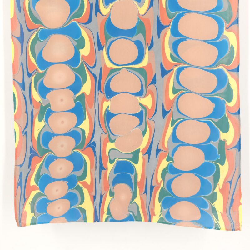Hand Marbled Silk Scarf Mod Pattern in Sand, Orange, and Blue - Image 3