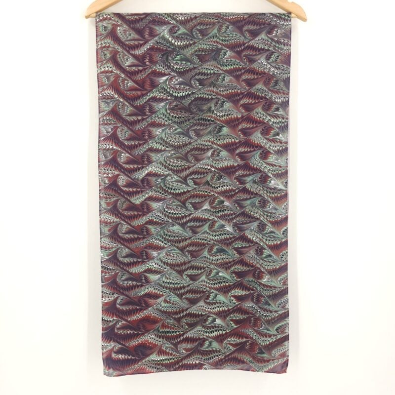 Hand Marbled Silk Scarf Angel Wing Pattern in Plum and Mint - Image 2