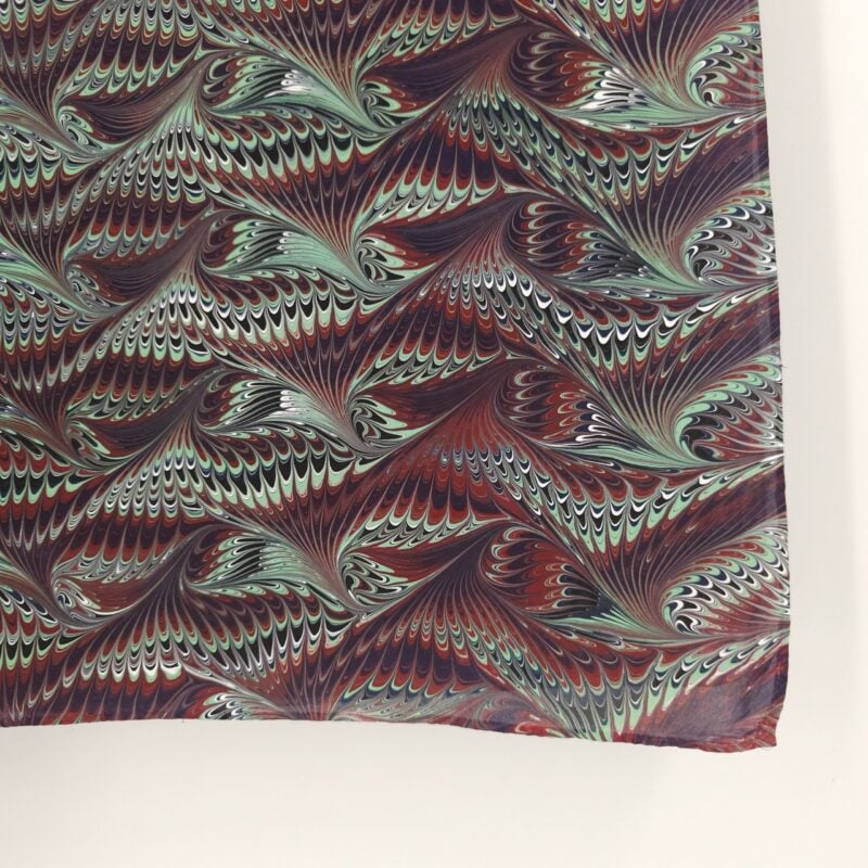 Hand Marbled Silk Scarf Angel Wing Pattern in Plum and Mint - Image 3