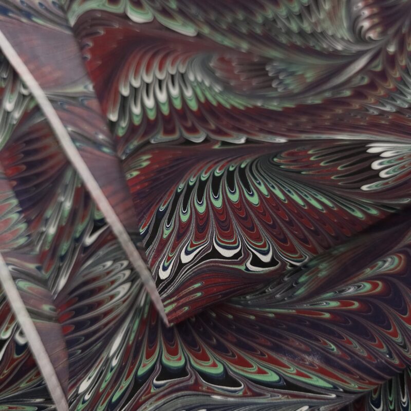 Hand Marbled Silk Scarf Angel Wing Pattern in Plum and Mint - Image 6