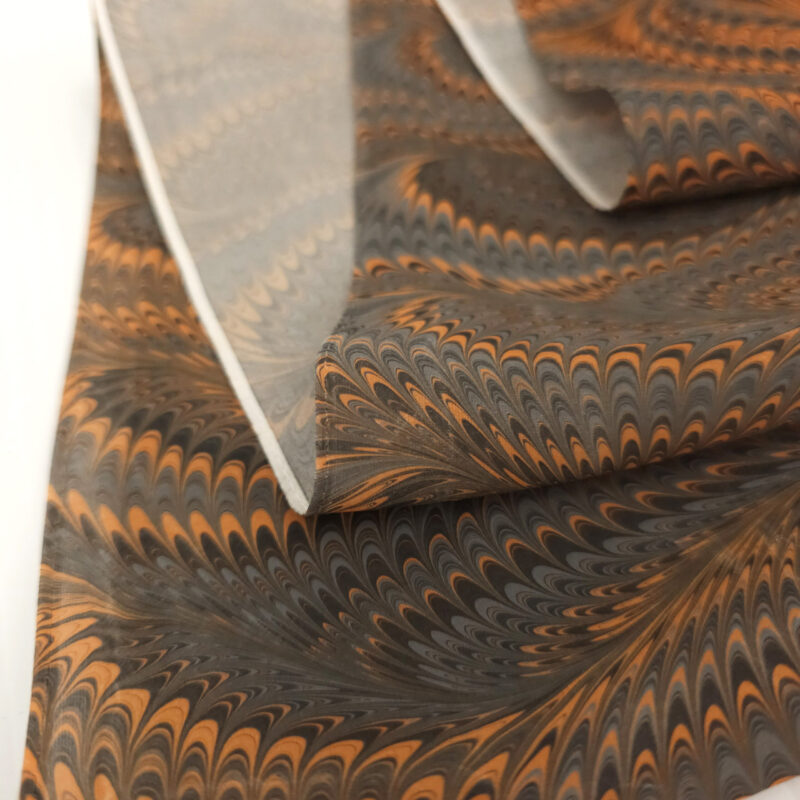 Hand Marbled Silk Scarf Icarus Pattern in Orange, Grey, and Black - Image 7