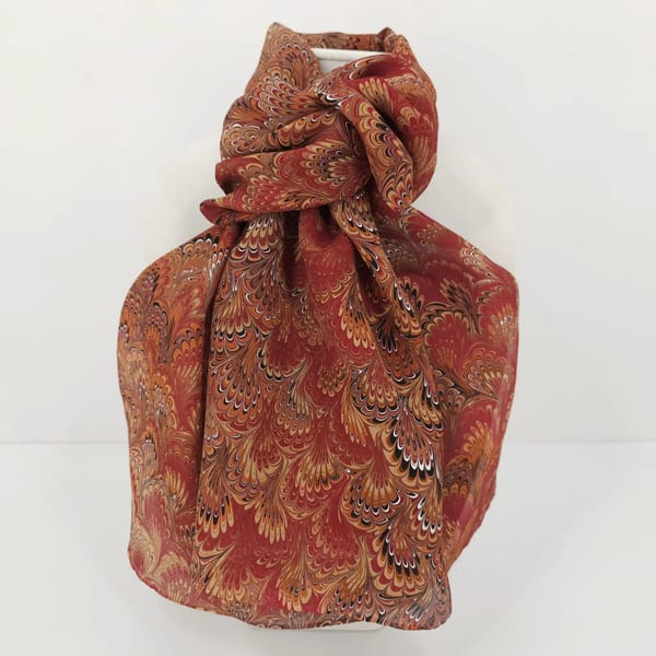 Hand-Marbled Silk Scarf Bouquet Pattern in Rust, Orange, and Caramel