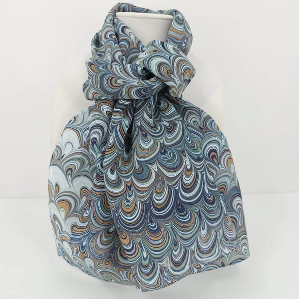 Hand-Marbled Silk Scarf Peacock Pattern in Pale Blue, Lapis Lazuli, Caramel, and Mint