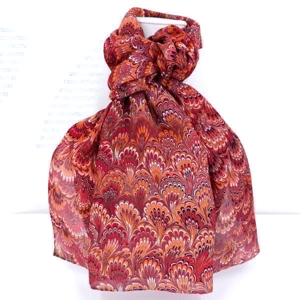 Hand marbled silk scarf, bouquet pattern in orange rust and sienna colors