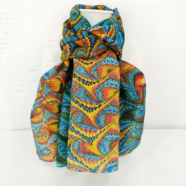 Hand marbled silk scarf angel wing pattern