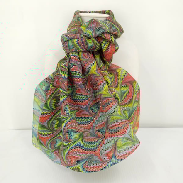 Hand marbled silk scarf angel wing pattern