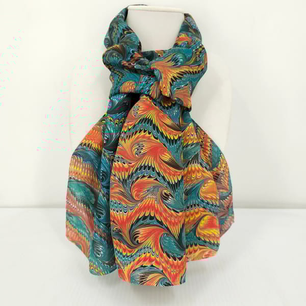 Hand marbled silk scarf angel wing pattern