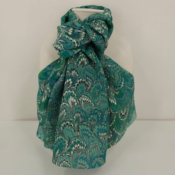 hand marbled silk scarf peacock pattern in blue and green