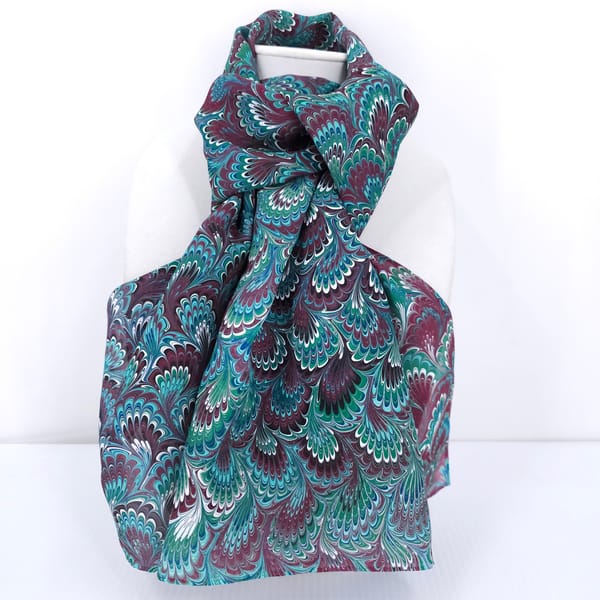 hand marbled silk scarf bouquet pattern in purple and green
