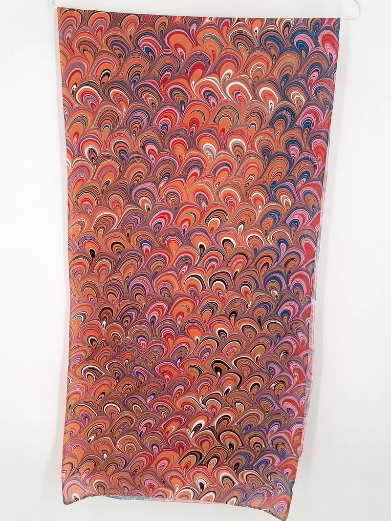 Peacock in Pink, Orange, and Blue Marbled Silk Scarf - Image 5