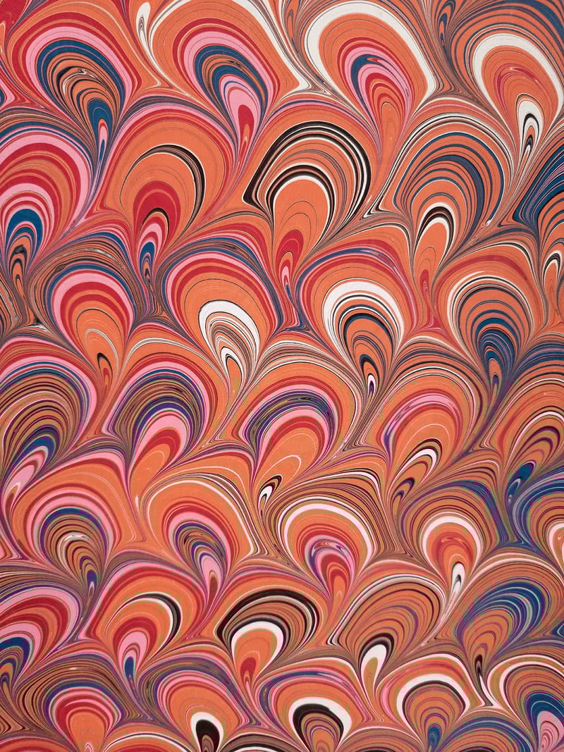 Peacock in Pink, Orange, and Blue Marbled Silk Scarf - Image 2