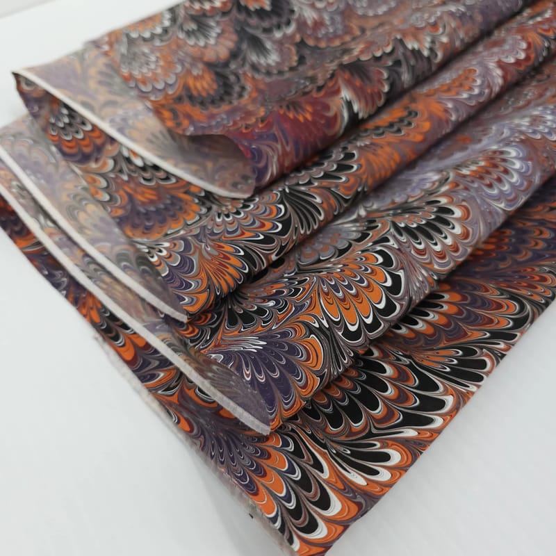 Hand Marbled Silk Scarf Bouquet Pattern in Orange and Purple - Image 6