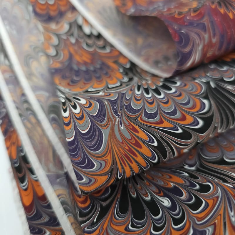 Hand Marbled Silk Scarf Bouquet Pattern in Orange and Purple - Image 7