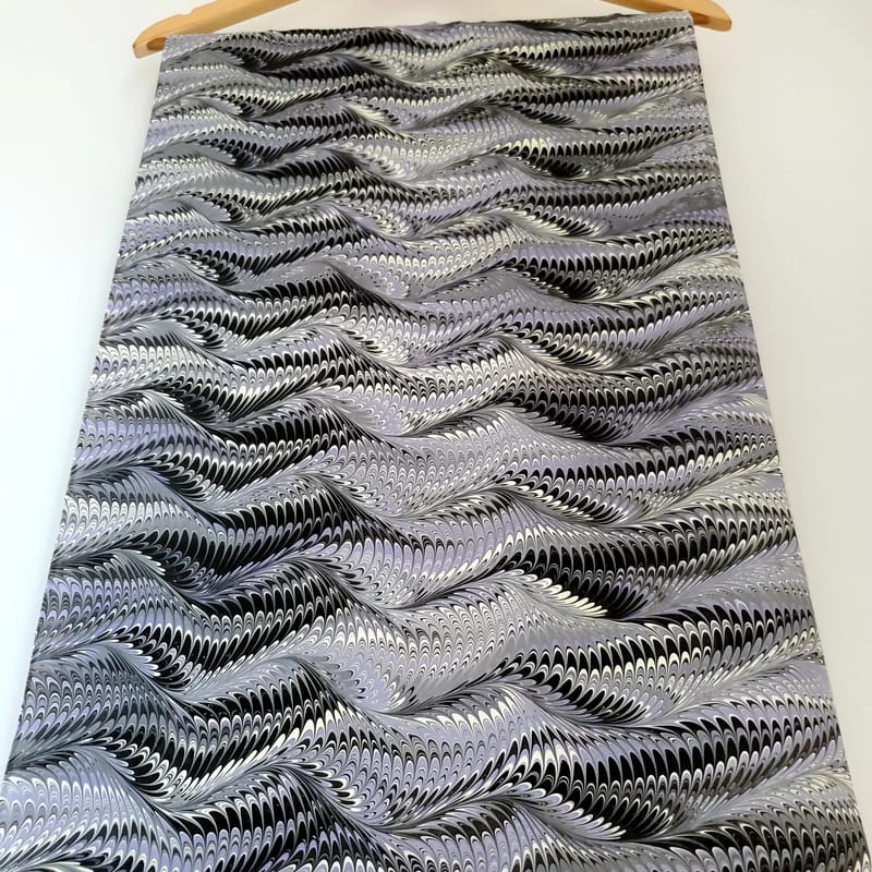 Hand Marbled Silk Scarf Icarus Pattern in Black, Charcoal, and Pale Lavender - Image 2
