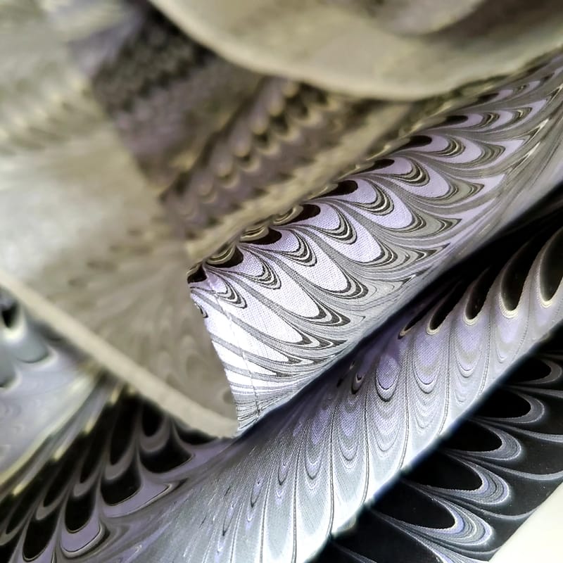 Hand Marbled Silk Scarf Icarus Pattern in Black, Charcoal, and Pale Lavender - Image 7