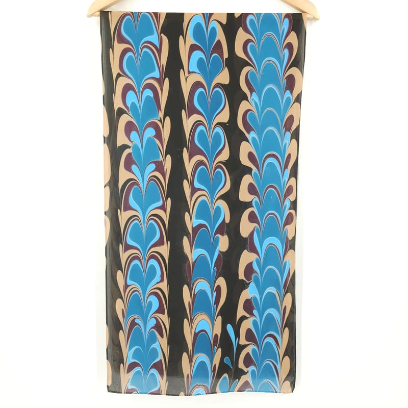 Hand-Marbled Silk Scarf Get-gil Pattern in Blues, Browns, and Black - Image 9