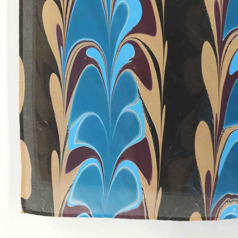 Hand-Marbled Silk Scarf Get-gil Pattern in Blues, Browns, and Black - Image 8