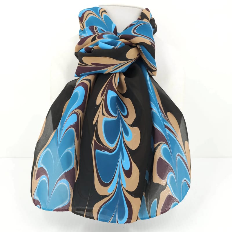 Hand-Marbled Silk Scarf Get-gil Pattern in Blues, Browns, and Black