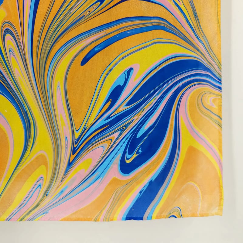 Hand-Marbled Silk Scarf Abstract Pattern in Orange, Blue, and Pink - Image 7