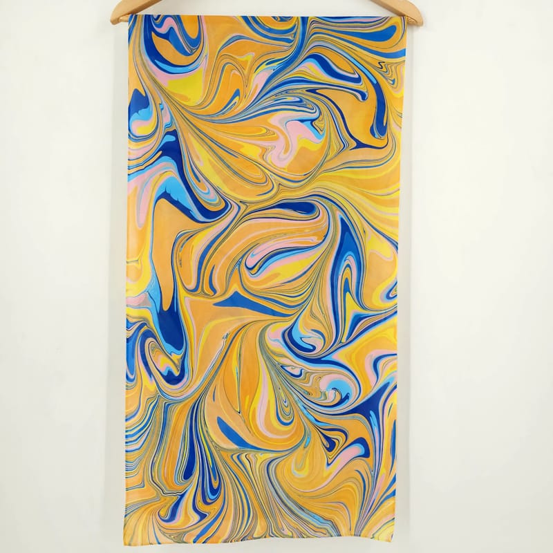 Hand-Marbled Silk Scarf Abstract Pattern in Orange, Blue, and Pink - Image 2