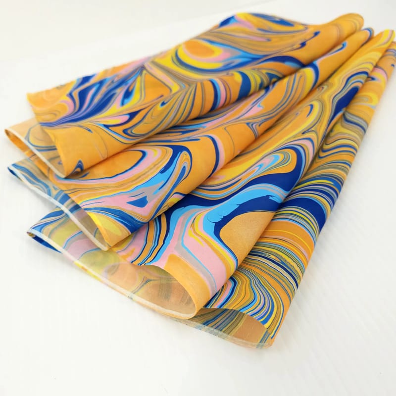 Hand-Marbled Silk Scarf Abstract Pattern in Orange, Blue, and Pink - Image 3