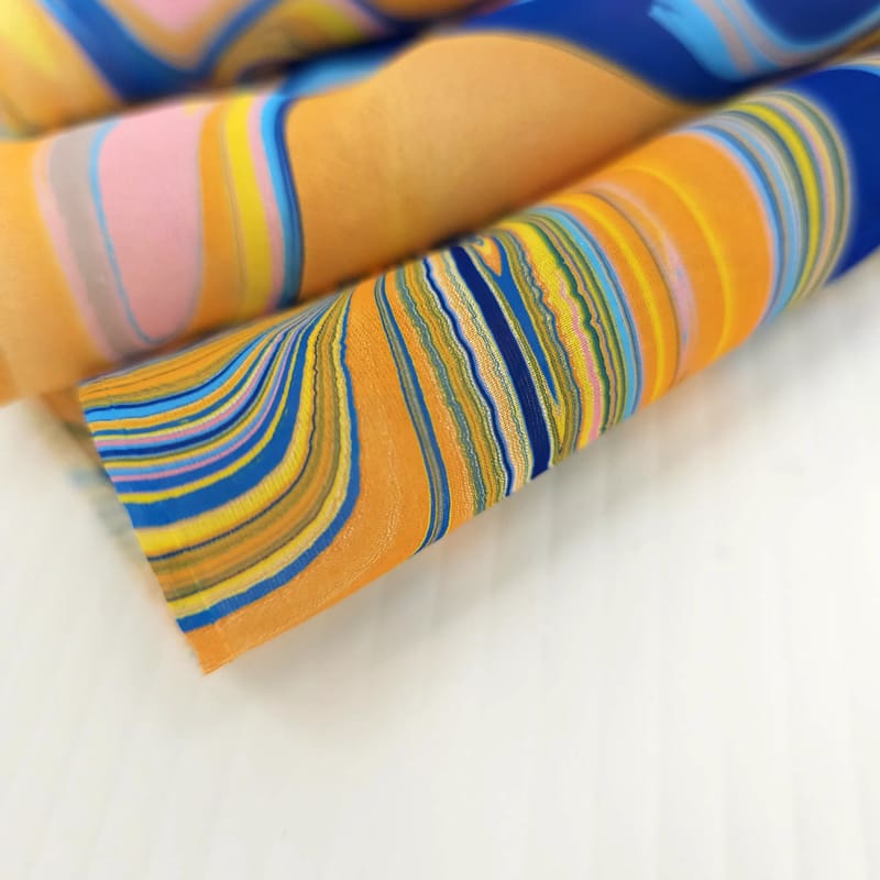 Hand-Marbled Silk Scarf Abstract Pattern in Orange, Blue, and Pink - Image 4