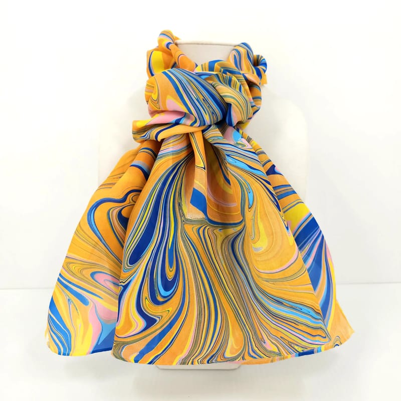 Hand-Marbled Silk Scarf Abstract Pattern in Orange, Blue, and Pink