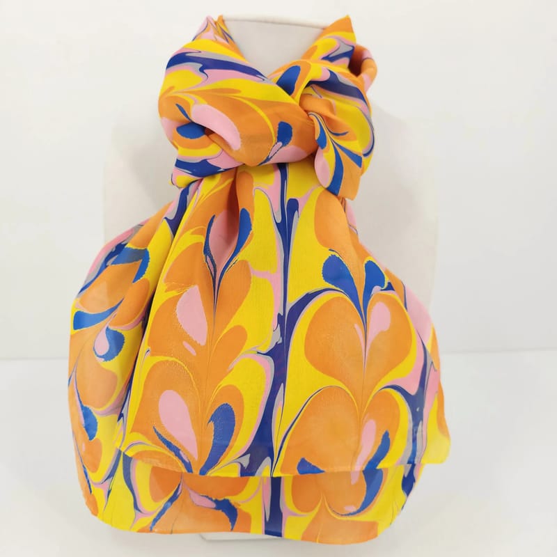 Hand-Marbled Silk Scarf Get-gel Pattern in Orange, Yellow, Blue, and Pink