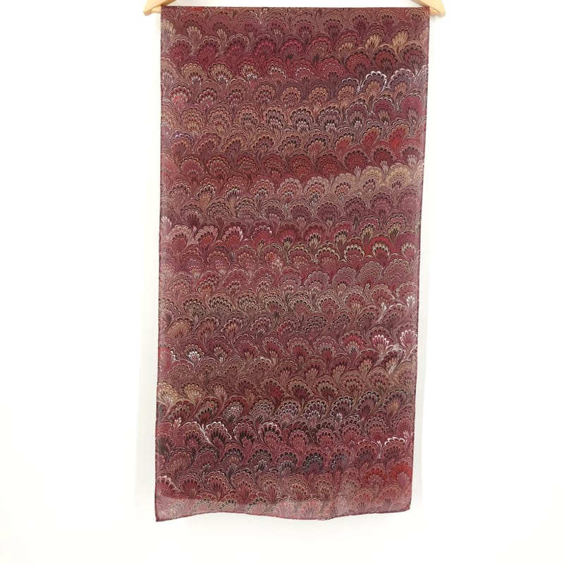 Hand-Marbled Silk Scarf Bouquet Pattern in Brown, Red, and Rust - Image 2