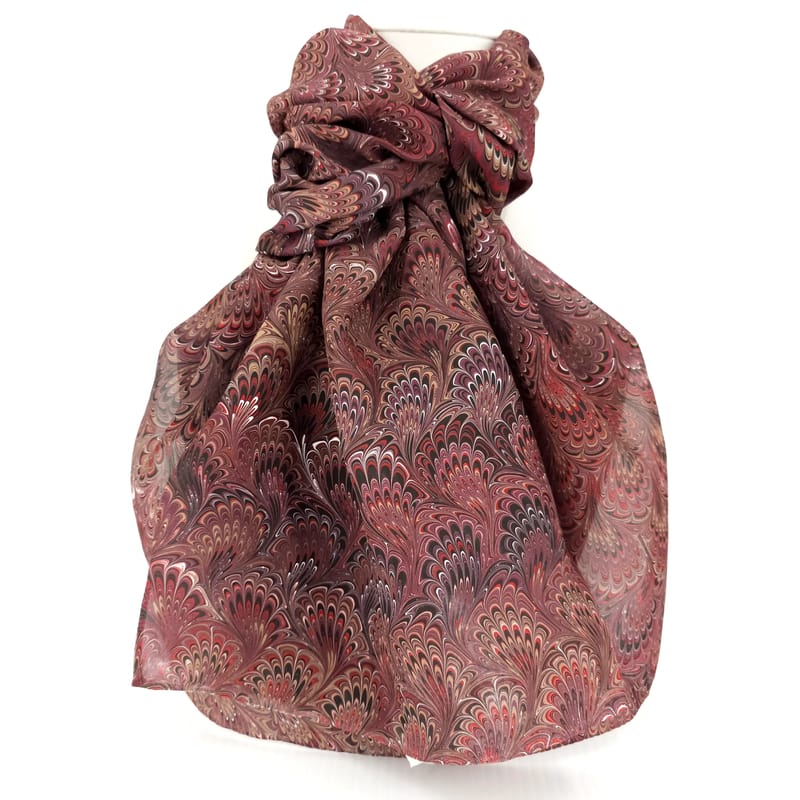 Hand-Marbled Silk Scarf Bouquet Pattern in Brown, Red, and Rust