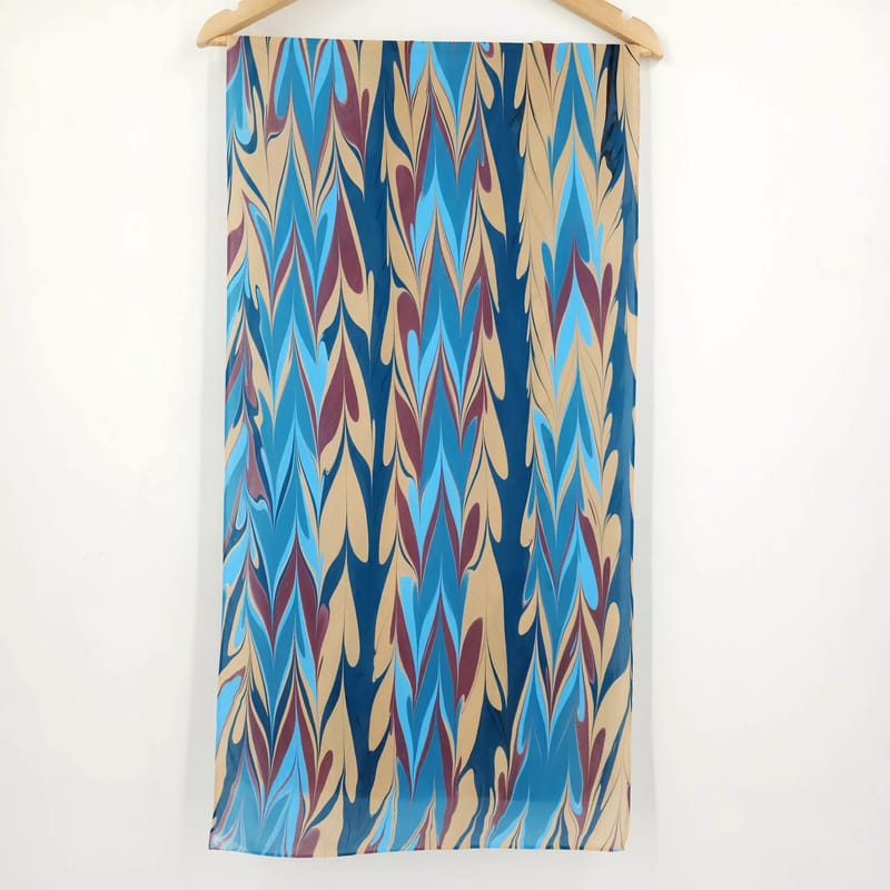 Hand-Marbled Silk Scarf Get-gil Pattern in Blues and Browns - Image 2