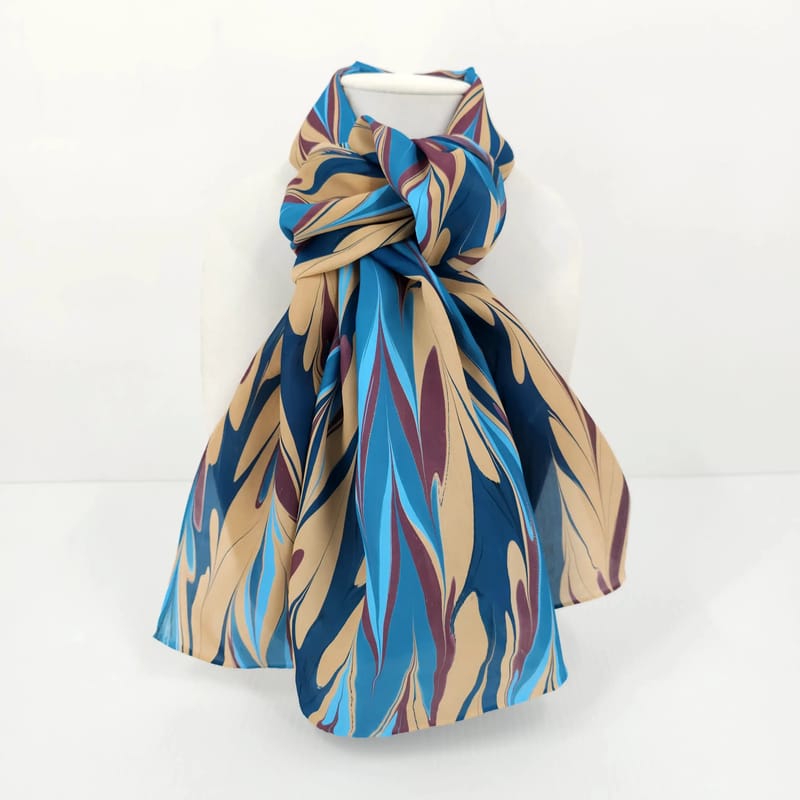Hand-Marbled Silk Scarf Get-gil Pattern in Blues and Browns