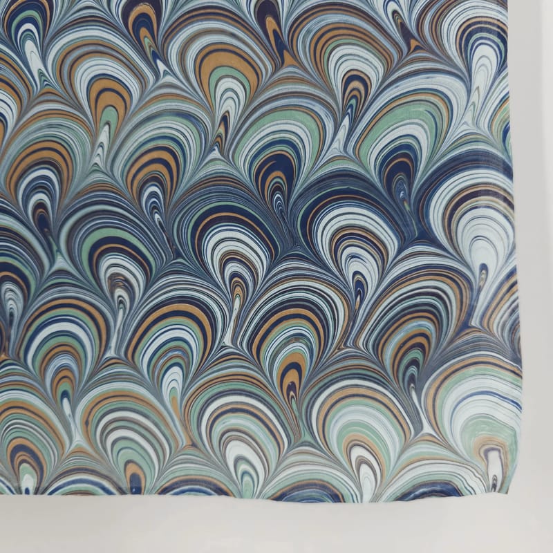 Hand-Marbled Silk Scarf Peacock Pattern in Pale Blue, Lapis Lazuli, Caramel, and Mint - Image 4