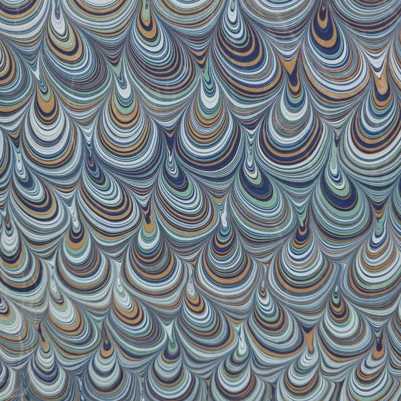Hand-Marbled Silk Scarf Peacock Pattern in Pale Blue, Lapis Lazuli, Caramel, and Mint - Image 5
