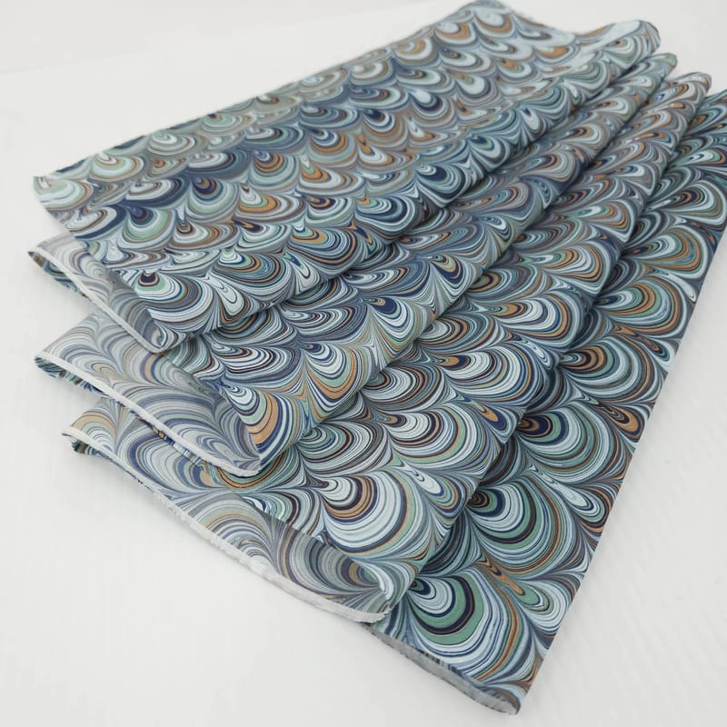Hand-Marbled Silk Scarf Peacock Pattern in Pale Blue, Lapis Lazuli, Caramel, and Mint - Image 7