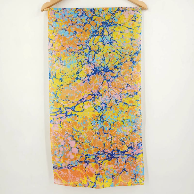 Hand Marbled Silk Scarf Stone Pattern in Yellow, Orange, Pink, and Blues - Image 7