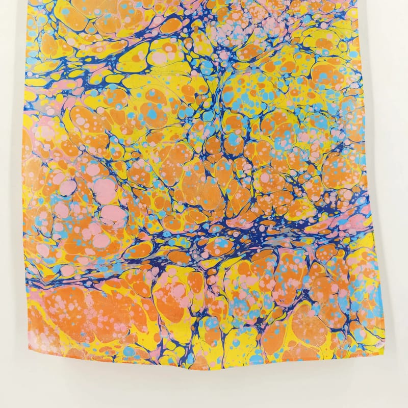 Hand Marbled Silk Scarf Stone Pattern in Yellow, Orange, Pink, and Blues - Image 5