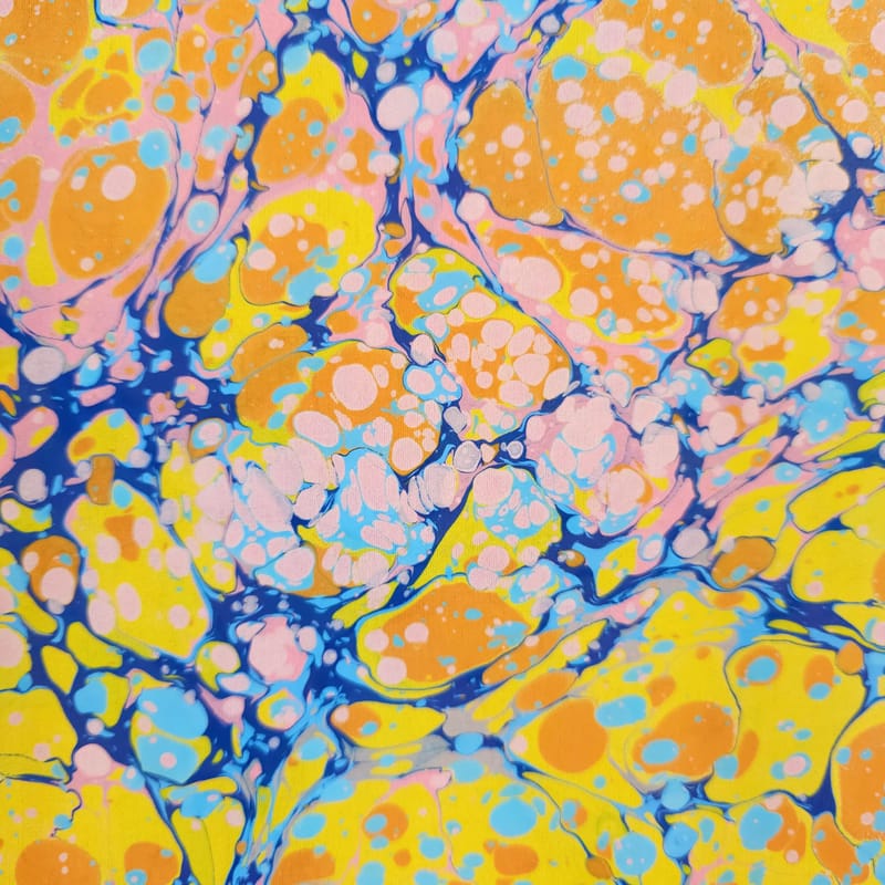 Hand Marbled Silk Scarf Stone Pattern in Yellow, Orange, Pink, and Blues - Image 4