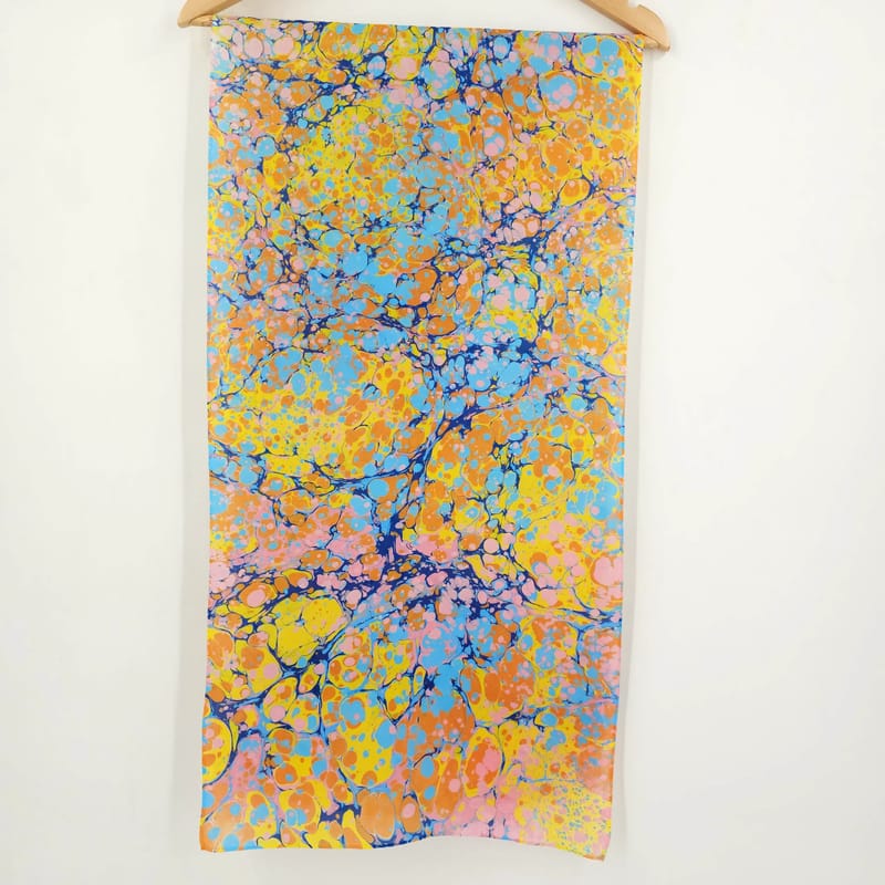 Hand Marbled Silk Scarf Stone Pattern in Yellow, Orange, Pink, and Blues - Image 2