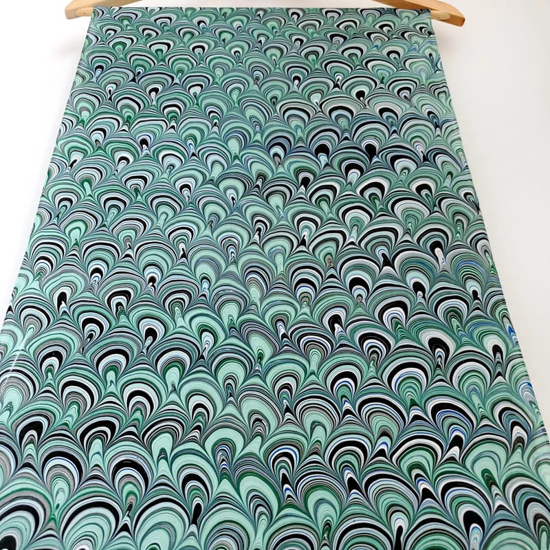 Hand Marbled Silk Scarf Peacock Pattern in Mint Green and Grey - Image 6