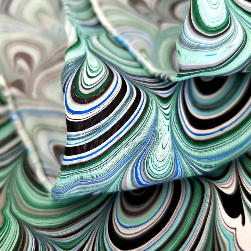 Hand Marbled Silk Scarf Peacock Pattern in Mint Green and Grey - Image 8