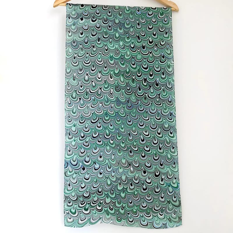 Hand Marbled Silk Scarf Peacock Pattern in Mint Green and Grey - Image 2